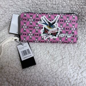 NWT Ed Hardy Pink Skull Tattoo Print Wristlet Wallet